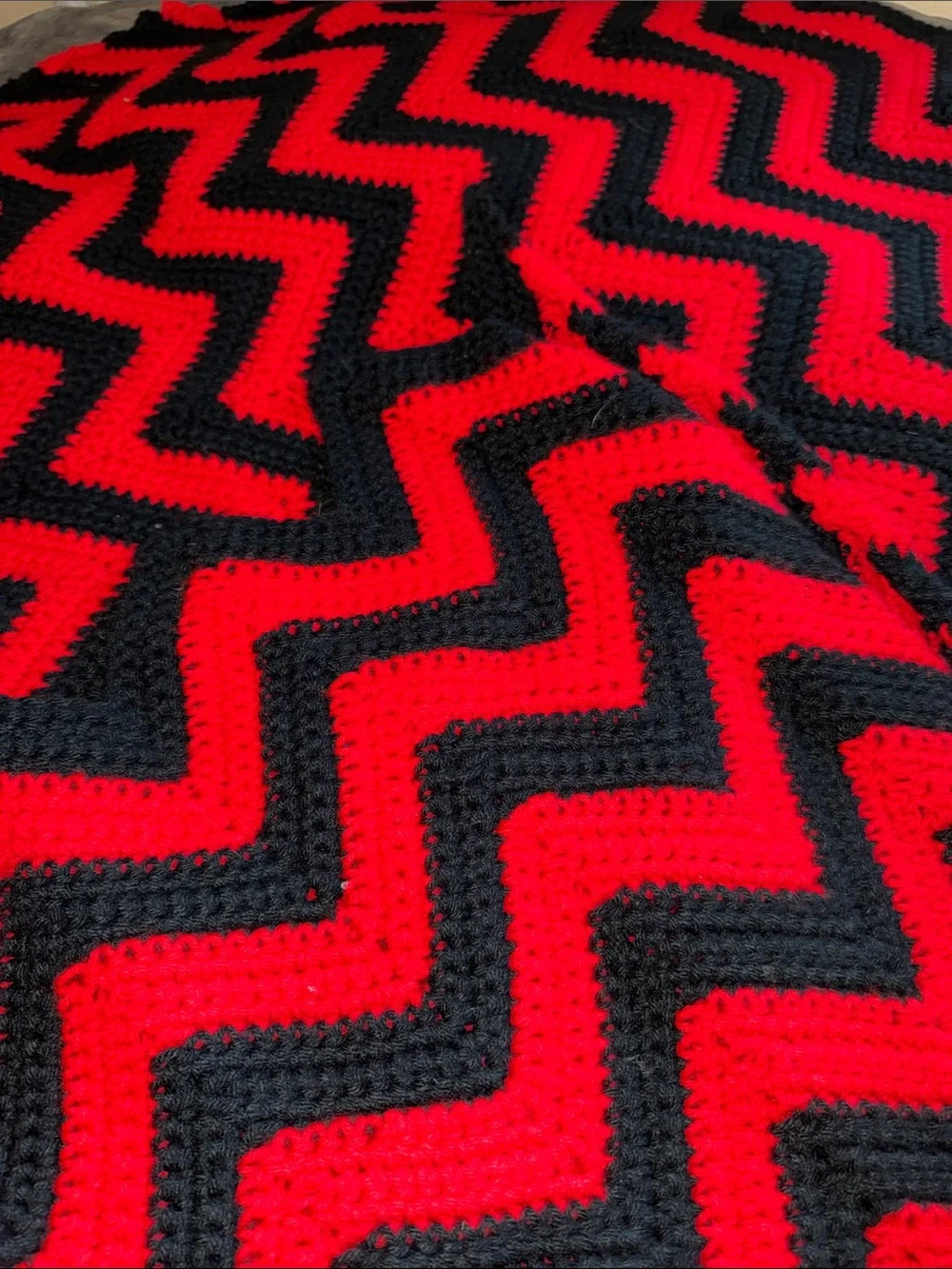 Hand Crafted Red and Black Chevron Crochet Throw Blanket